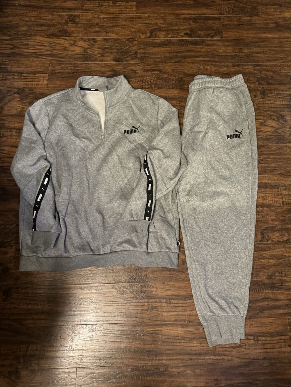 PUMA Men’s Gray Tracksuit Set 1/4 Zip Pullover Jogger Sweatpants Logo Sz:XXL